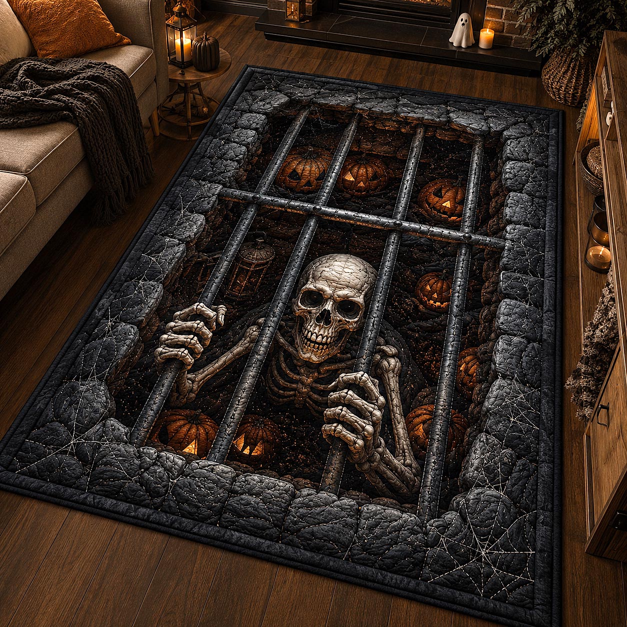 Caged Skeleton Jack Lanterns Area Rug - Non-Slip Washable 3D Print Rug for Living Room & BedroomTVC210855