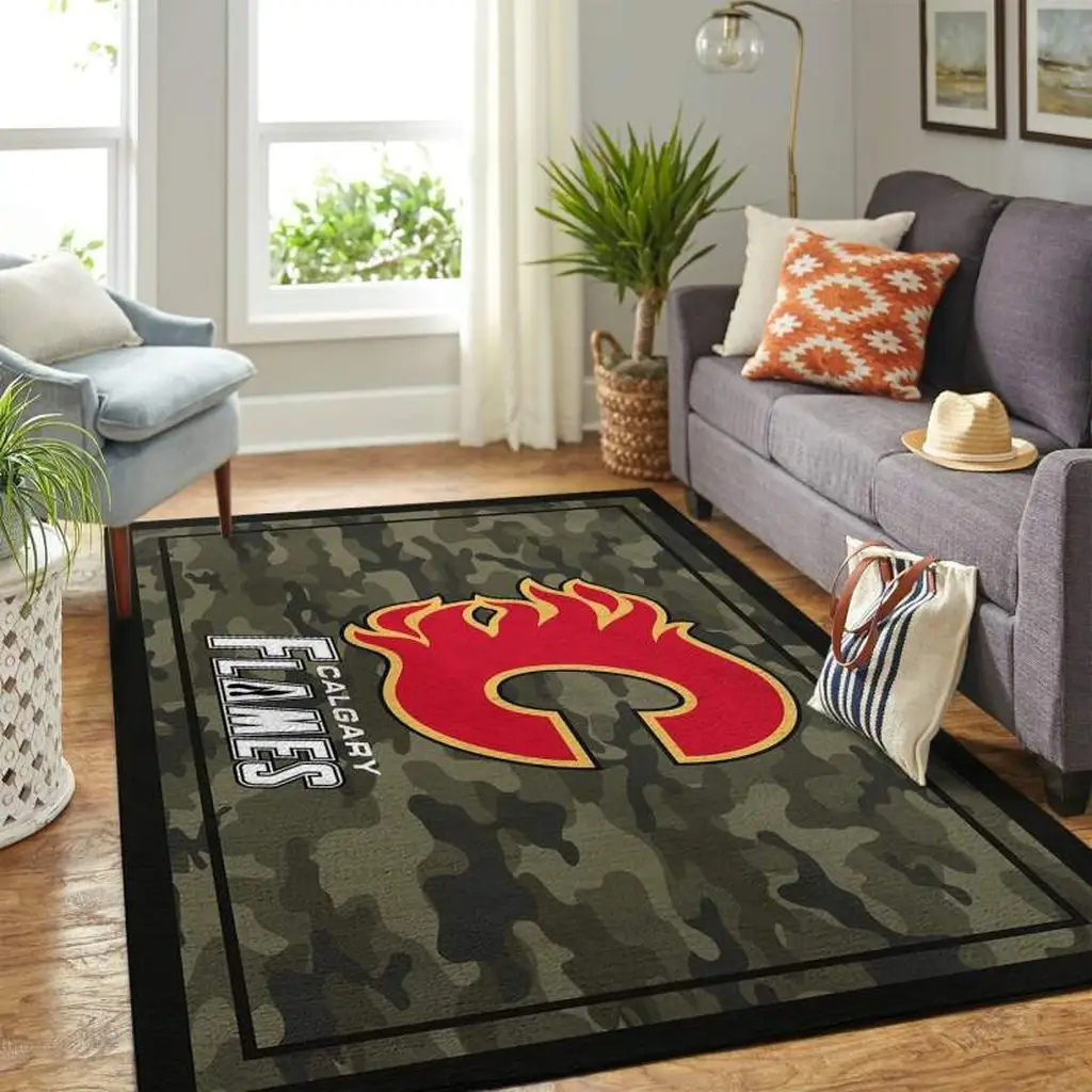 Calgary Flames Rug - Camouflage Featuring Logo Design Beige and Brown