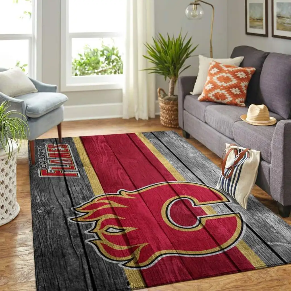 Calgary Flames Rug - for Living Room Decor Black and Gold