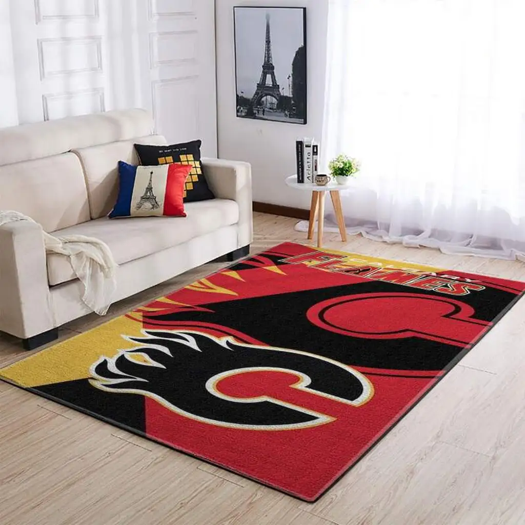 Calgary Flames Rug - for Living Room Floor Decor Red and White