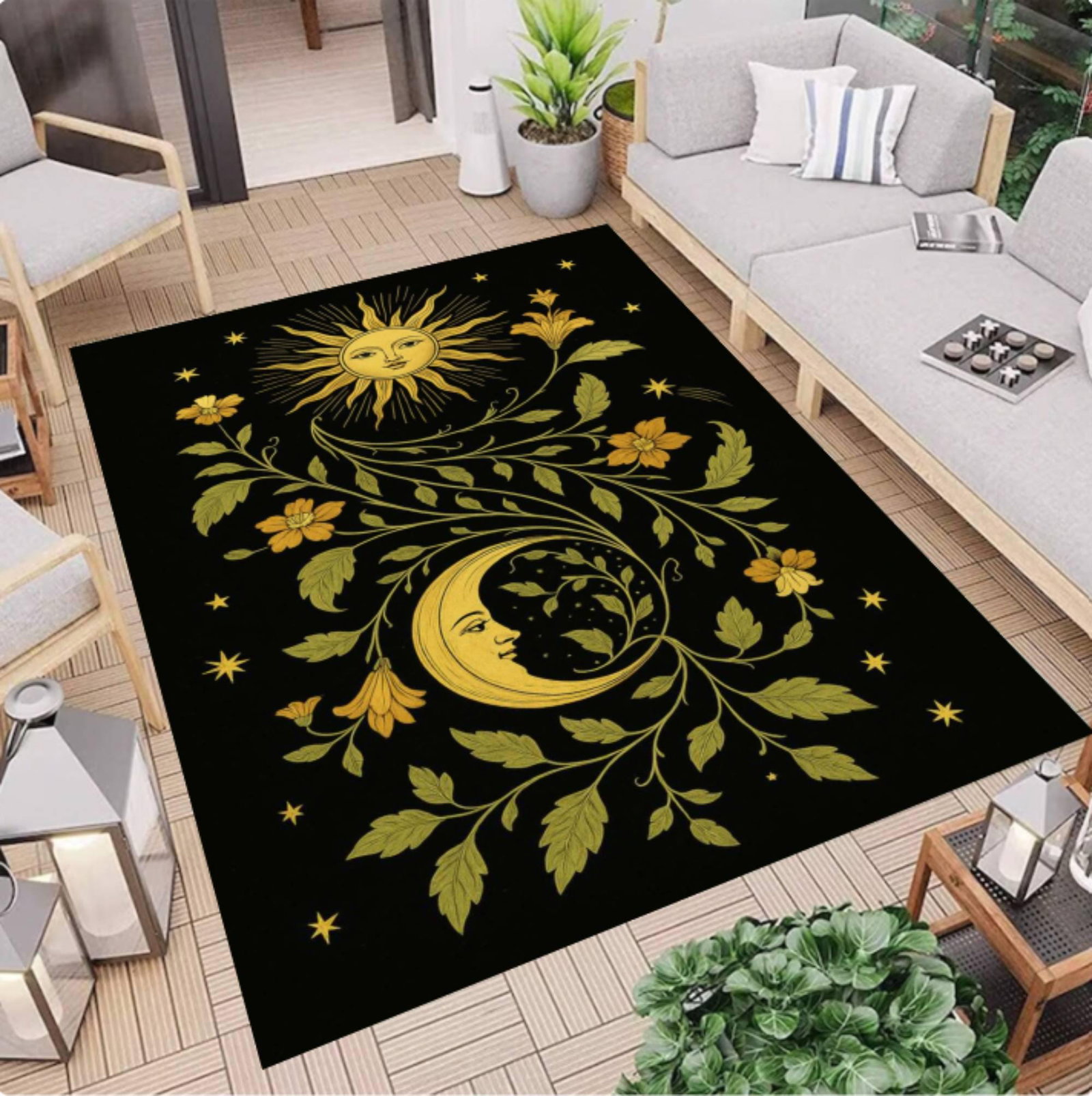 Celestial Sun Moon Area Rug, Boho Floral Astrology DecorTVC1708394