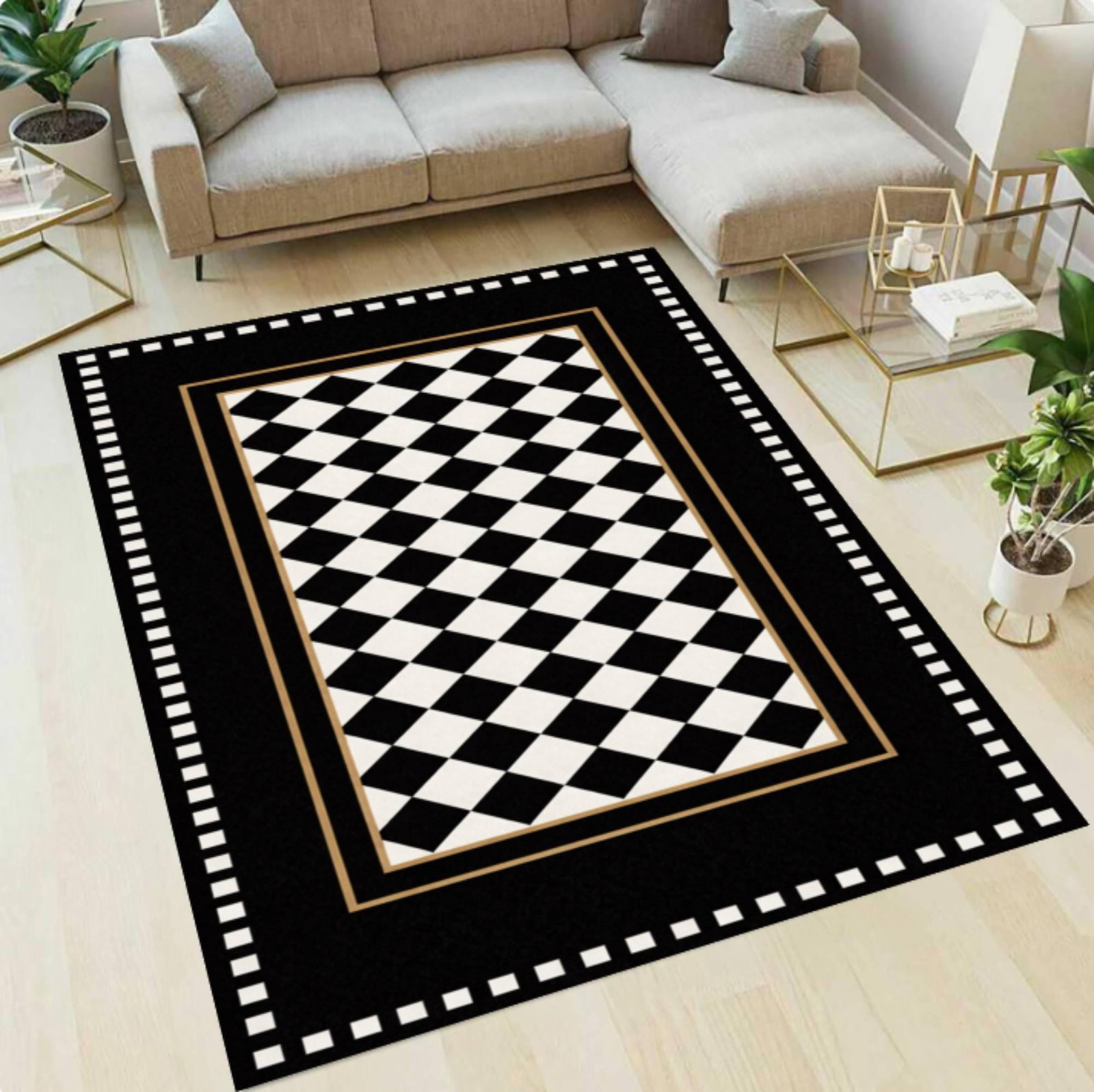 Checkerboard Area Rug, Black and White Design with Black OutlineTVC1708394