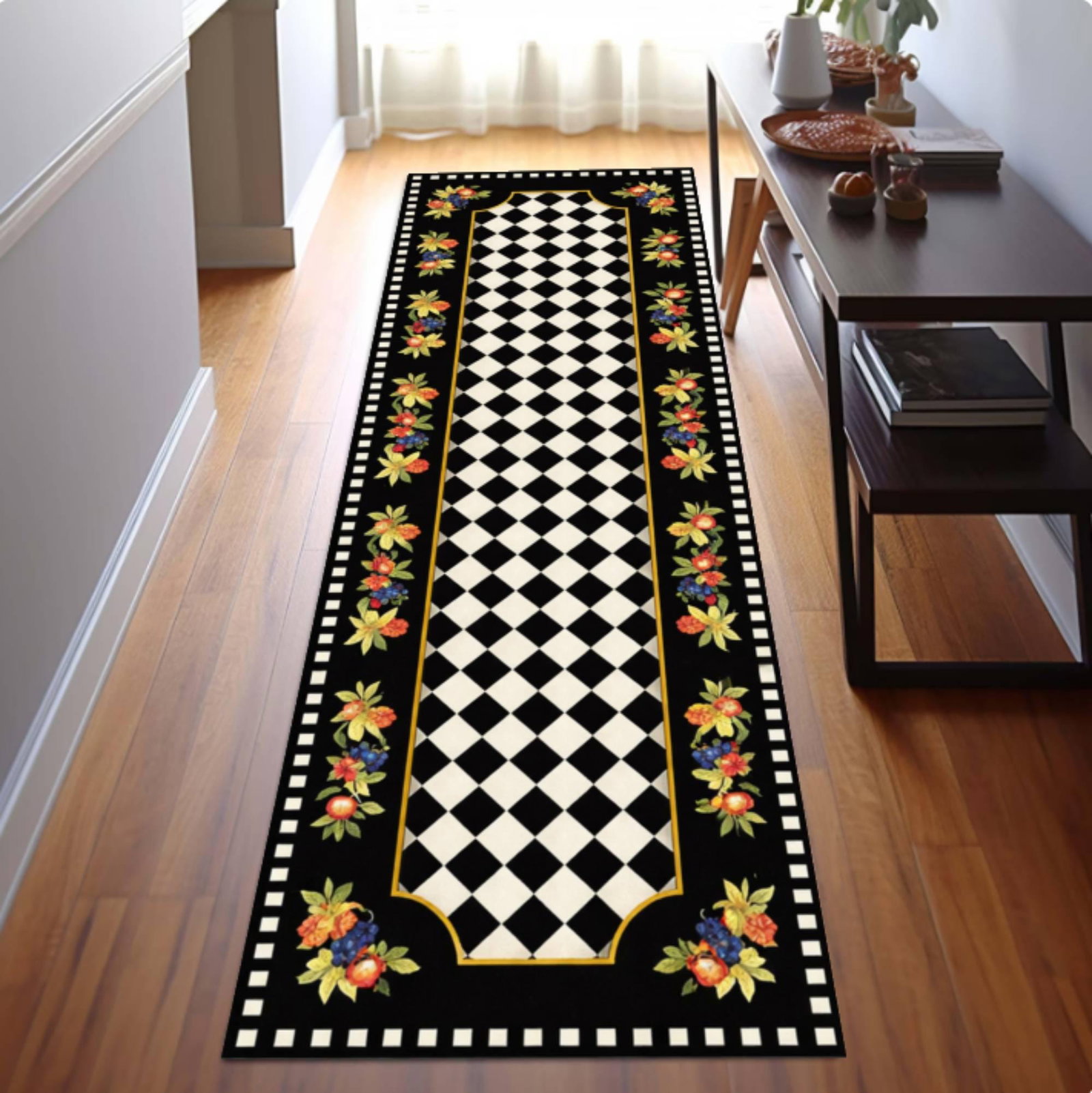 Checkerboard Runner Rug, Black White Floral Border Kitchen CarpetTVC1708396