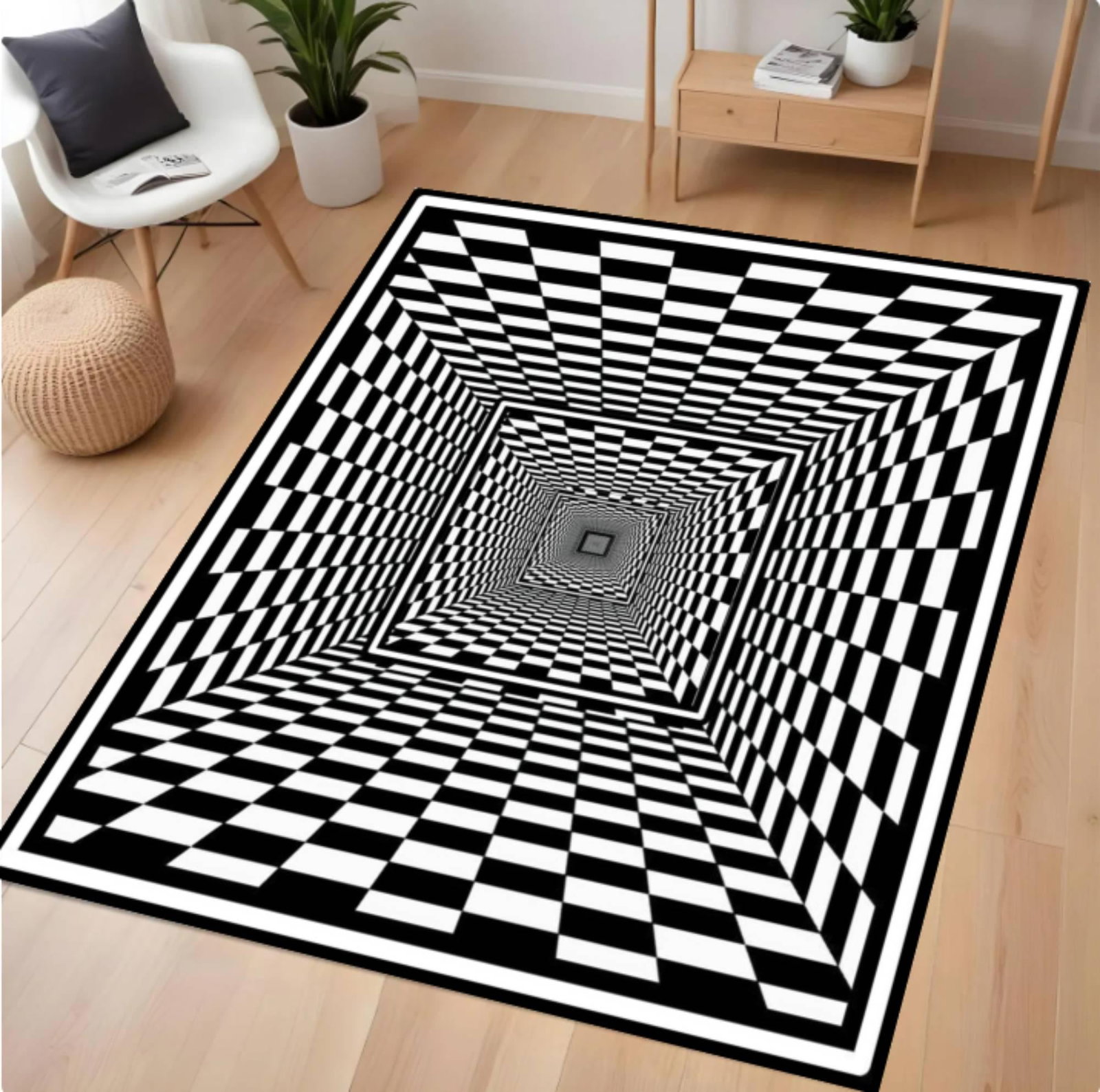 Checkered Rug with Optical Illusion 3D-tunnelpatroon Black and White GeometricTVC1708375