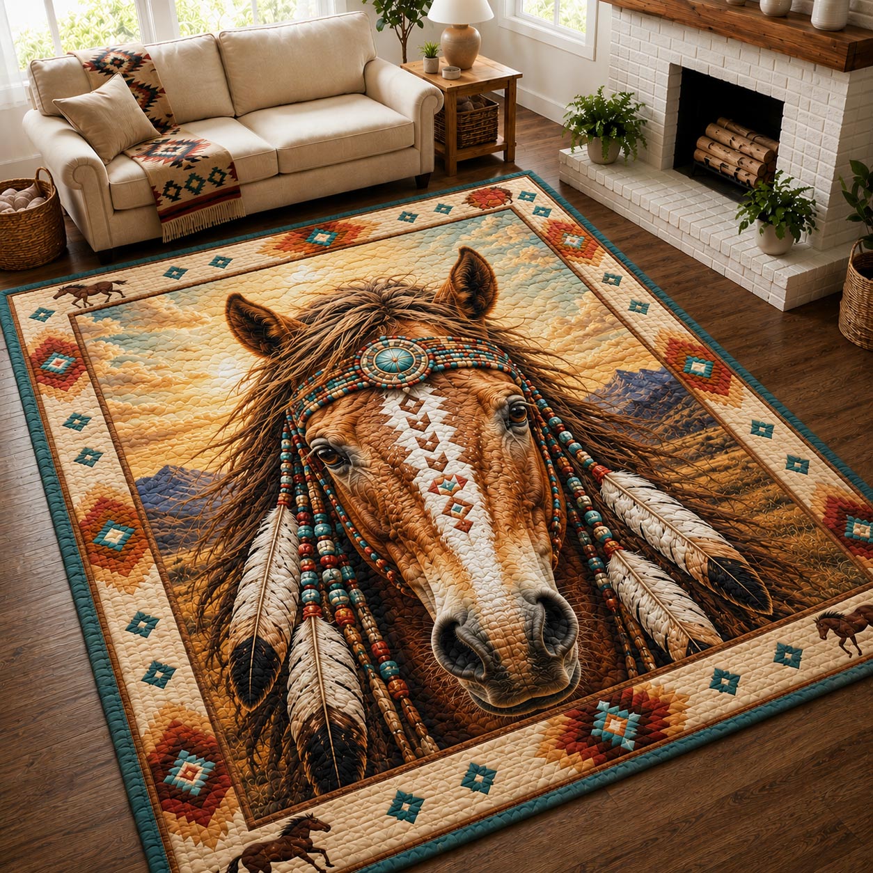 Chestnut Feather Stallion Area Rug - Non-Slip Washable 3D Print Rug for Living Room & BedroomTVC210859