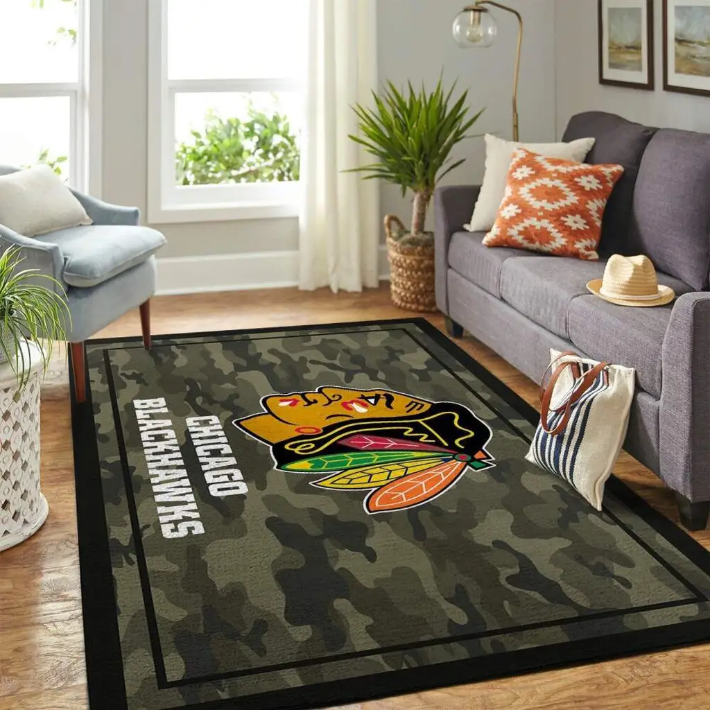 Chicago Blackhawks Rug - Camo Area for Living Room Decor Black and Green