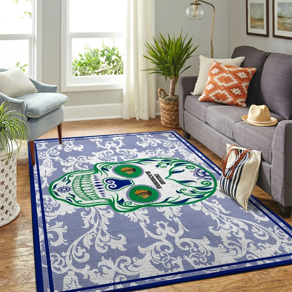 Chicago Blackhawks Rug - Floral with Bold Skull Design Blue and White