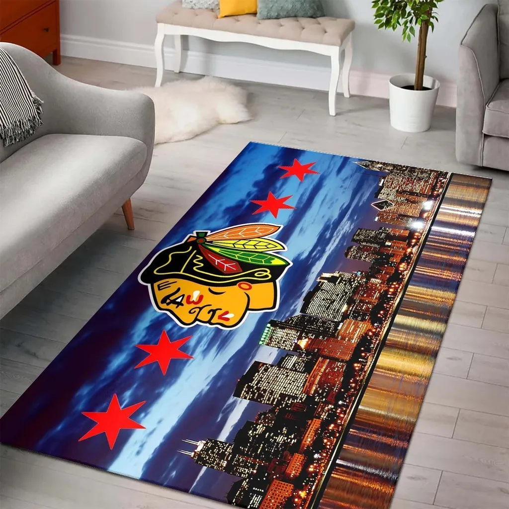Chicago Skyline Rug Background Star Accents Unique Design Blue and Red