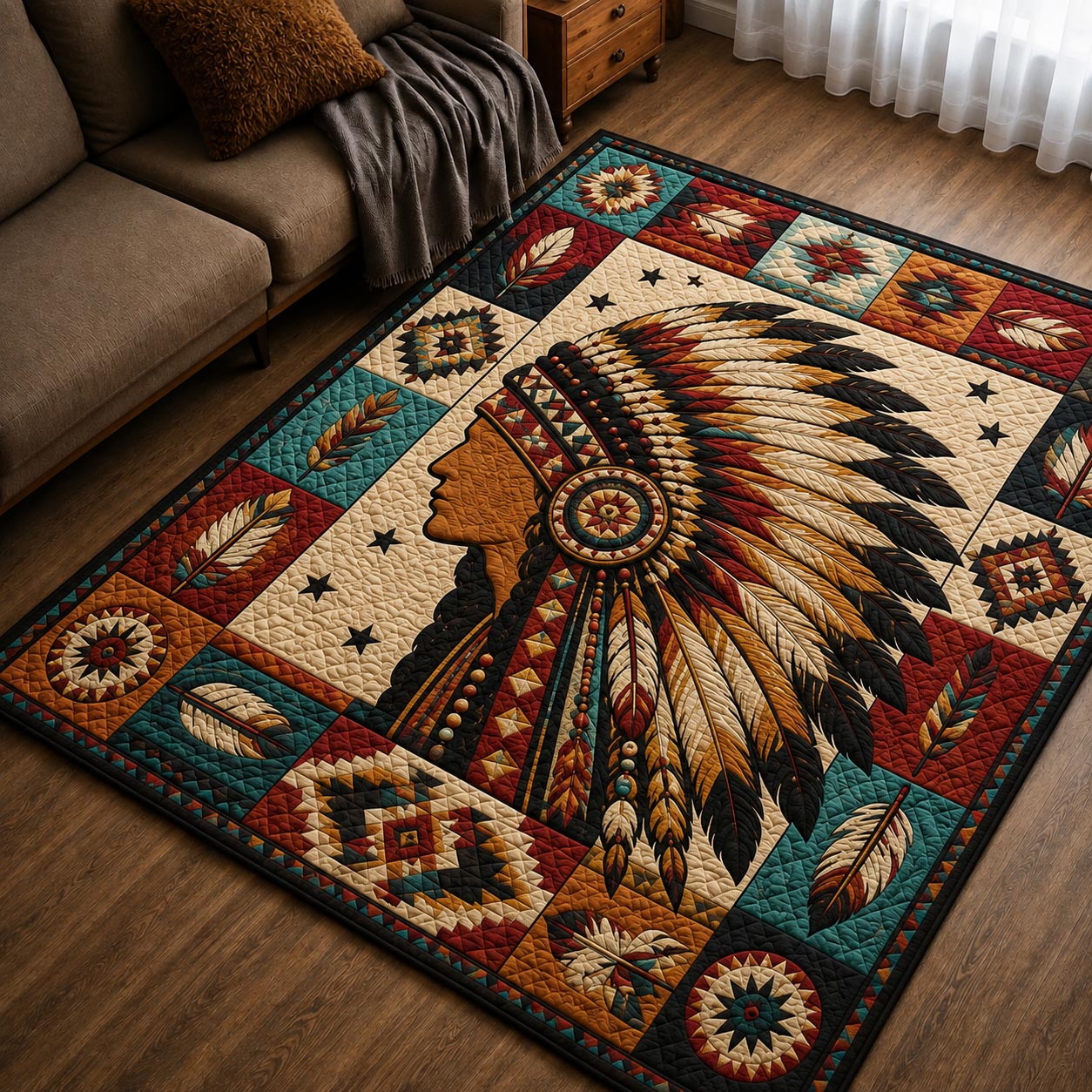 Chief Profile Patchwork Area Rug - Non-Slip Washable 3D Print Rug for Living Room & BedroomTVC210858
