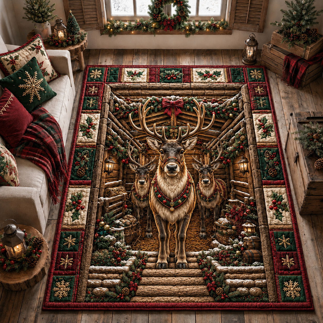 Christmas Barn Reindeer Area Rug - Non-Slip Washable 3D Print Rug for Living Room & BedroomTVC210867
