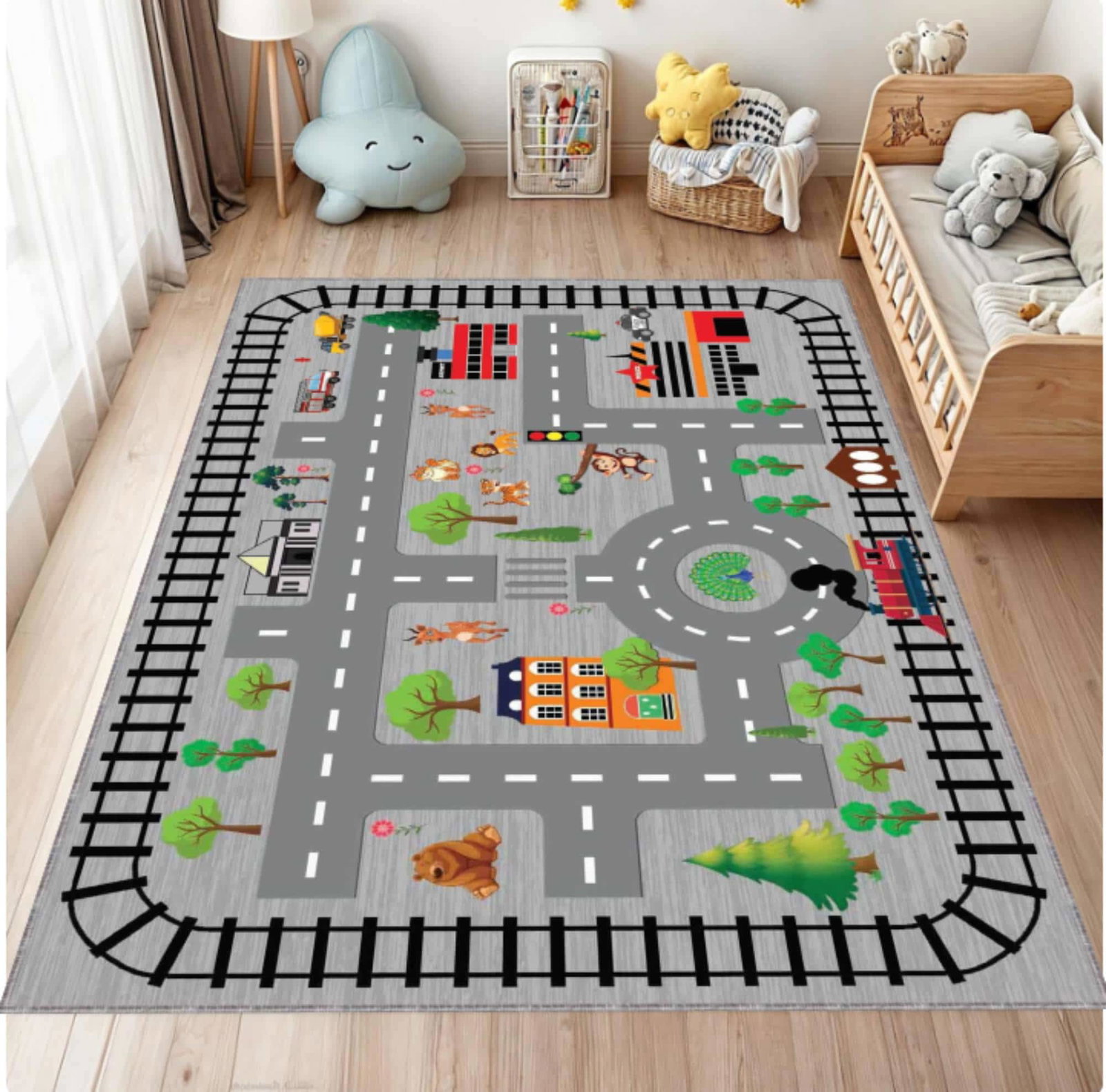 City Road & Train Track Kids Rug | Washable Playroom Area CarpetTVC1708356