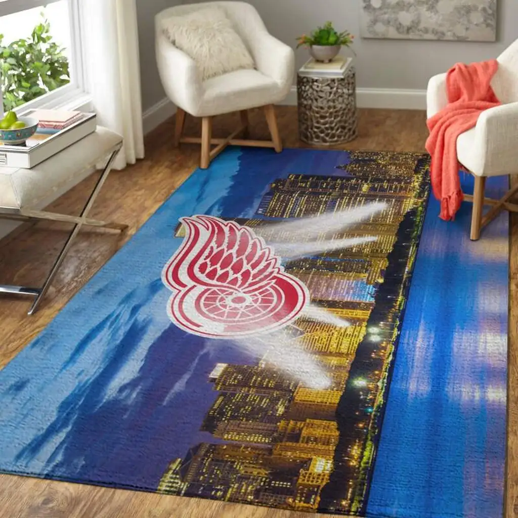 Cityscape Rug with Winged Wheel Pattern Design Blue and Yellow