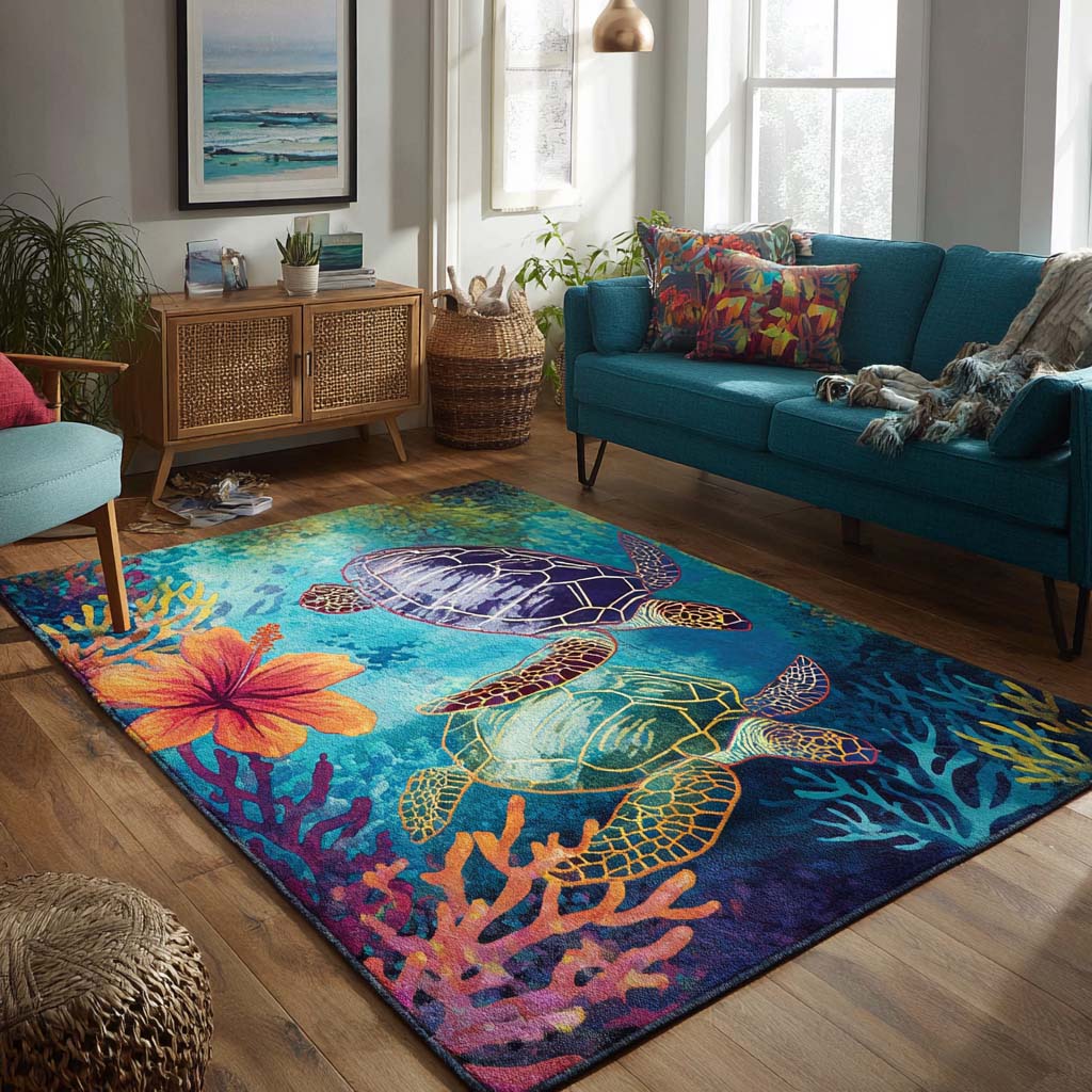 Coastal Turtle Area Rug - Non-Slip Washable 3D Print Rug for Living Room & BedroomTVC2108142