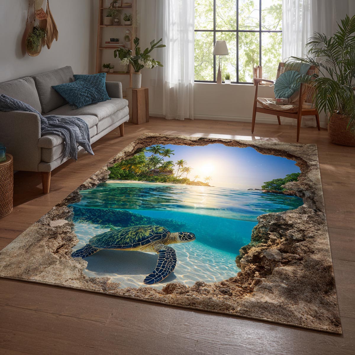Coastal Turtle Area Rug - Non-Slip Washable 3D Print Rug for Living Room & BedroomTVC210873