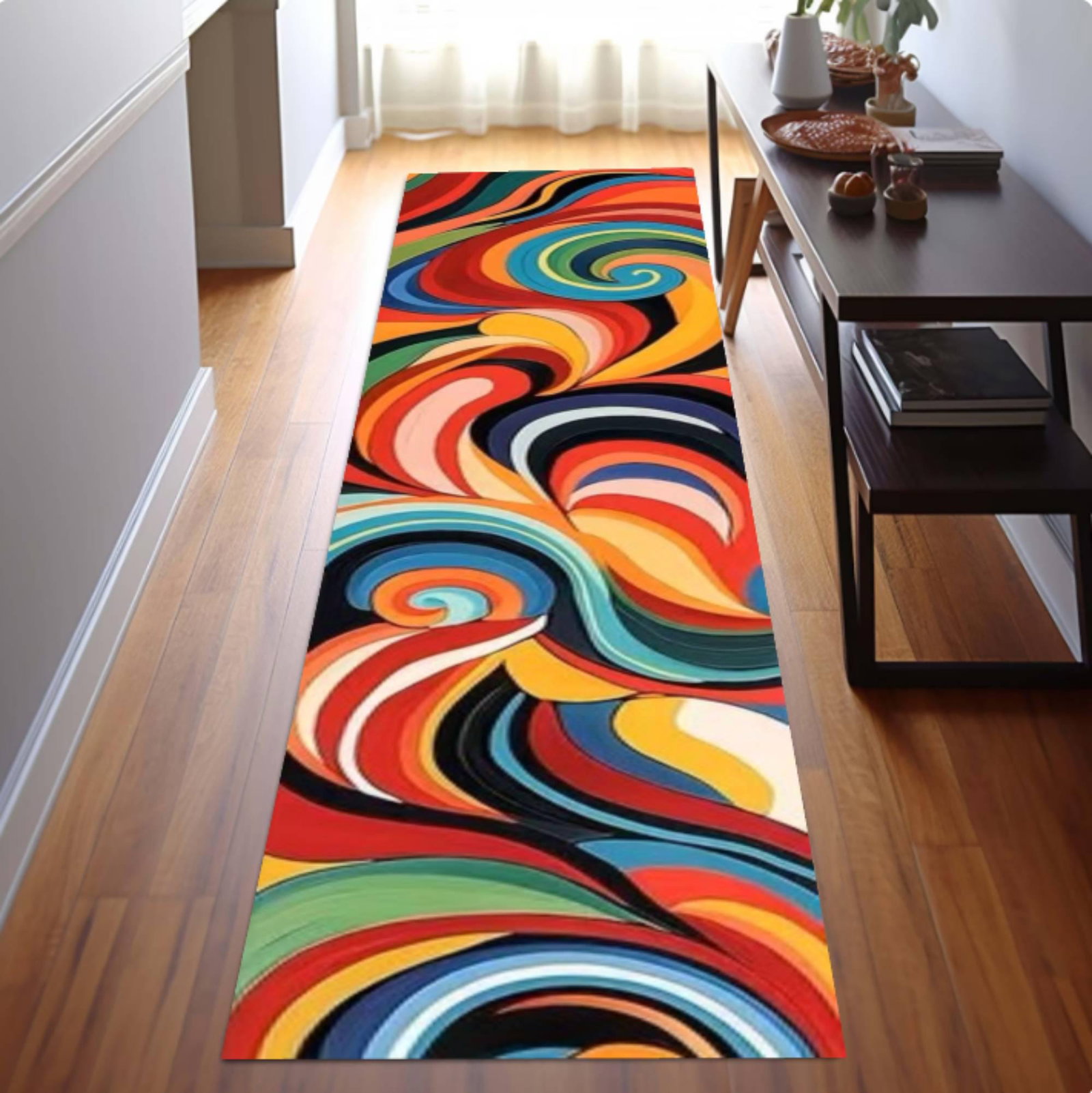 Colorful Abstract Swirl Runner Rug, Retro Psychedelic Hallway CarpetTVC1708396