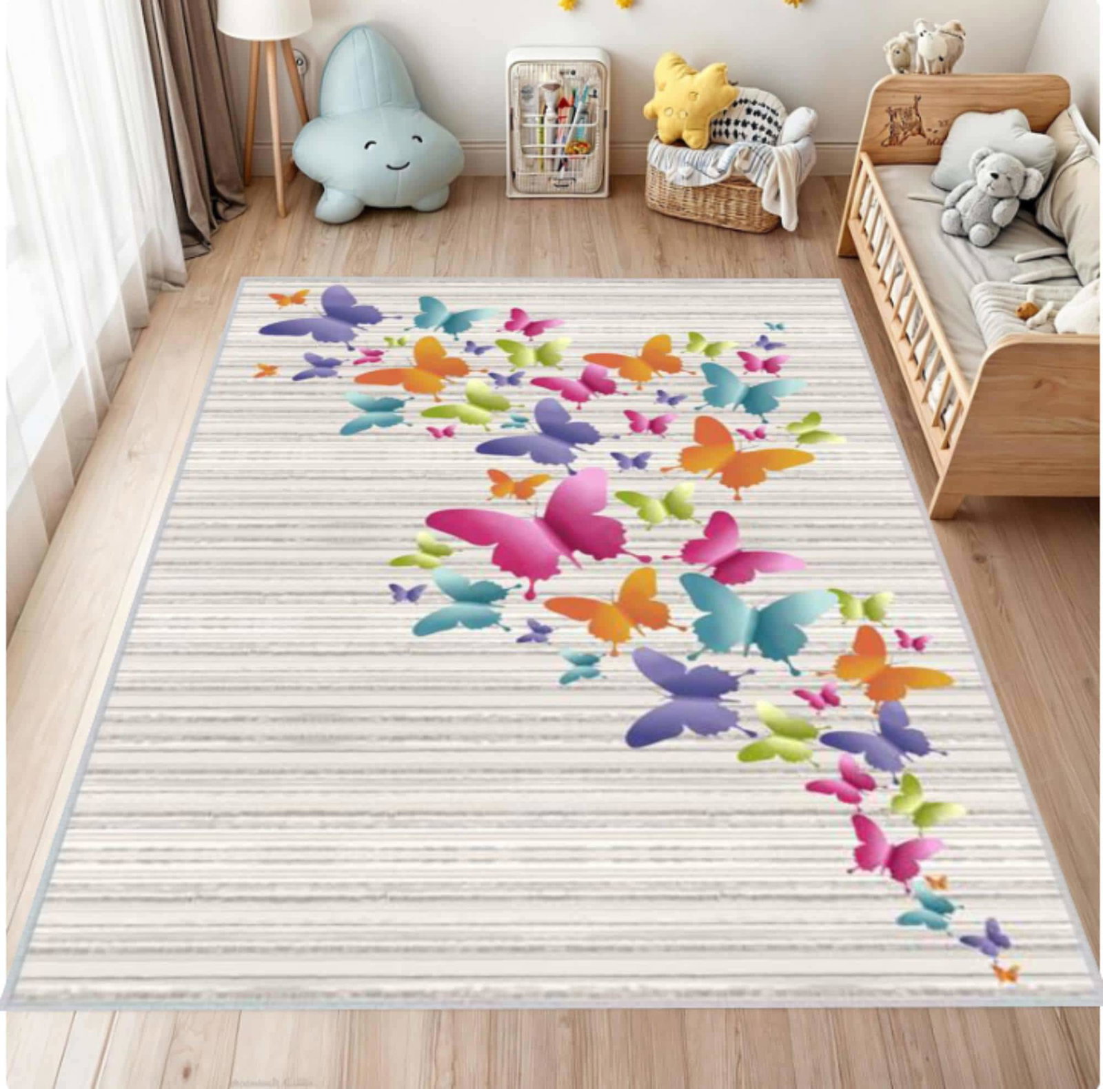 Colorful Butterfly Kids Rug - Washable Non-Slip Floor RugTVC1708359
