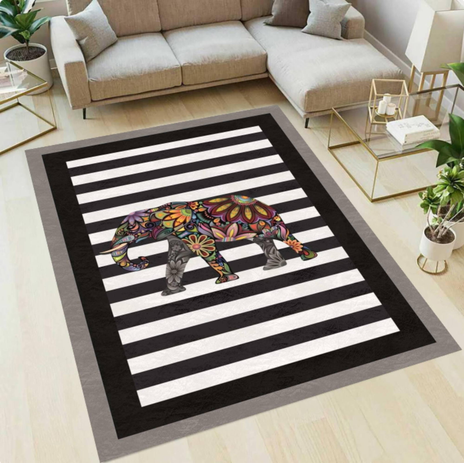 Colorful Elephant Area Rug, Black White Striped, Boho Animal DesignTVC1708386