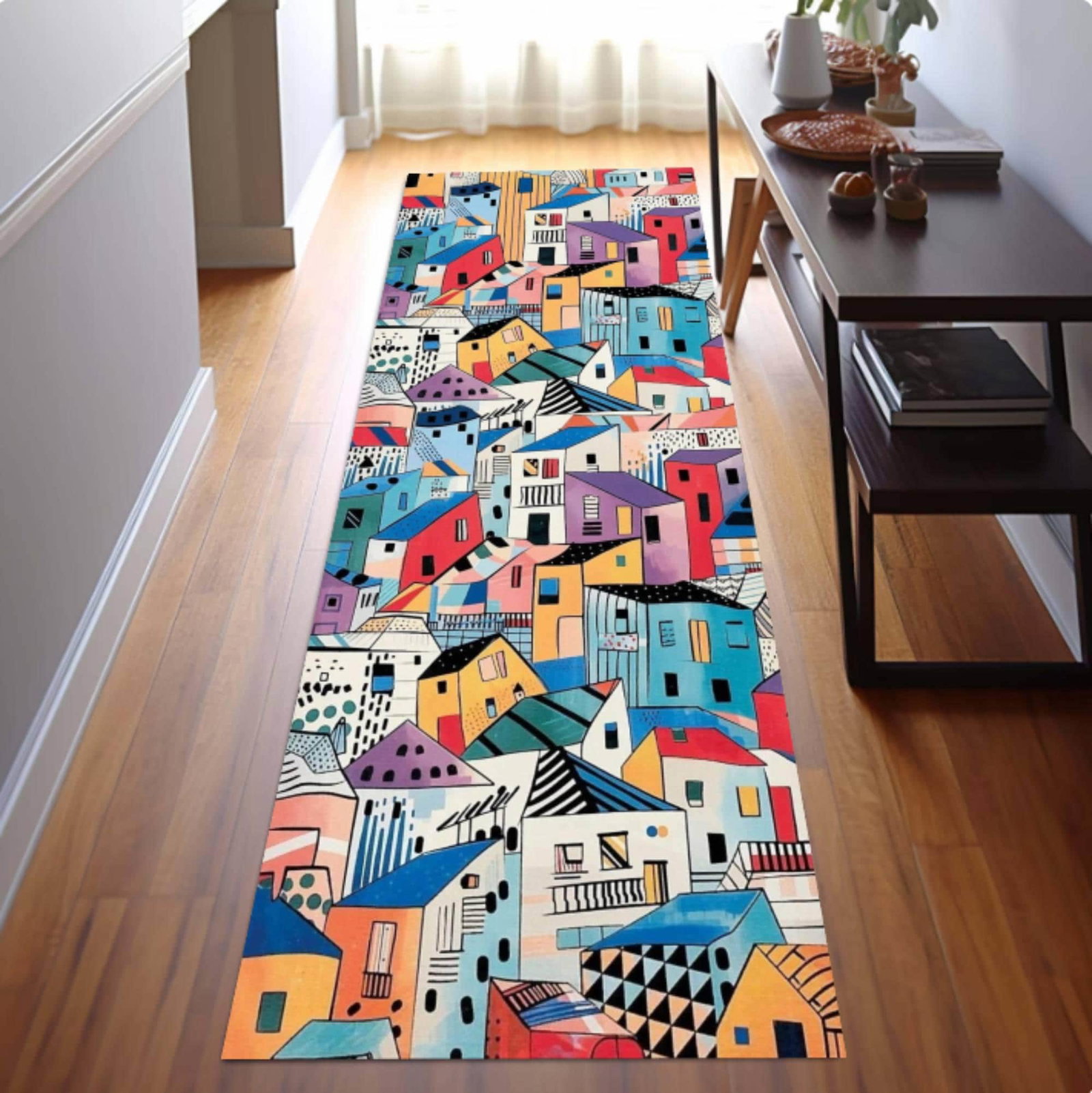 Colorful Modern Abstract Houses Runner Rug, Urban Art CarpetTVC1708396