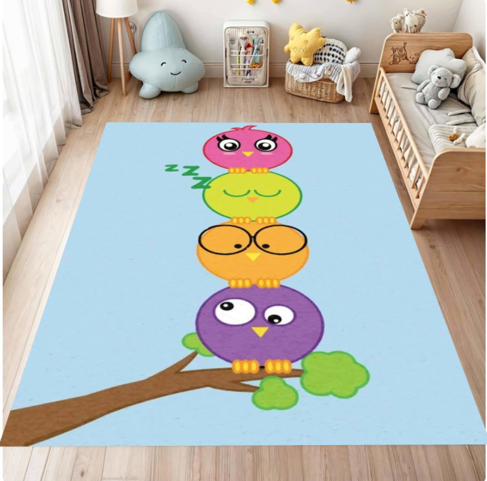 Colorful Owl Kids Rug - Washable & Non-Slip Playroom RugTVC1708359