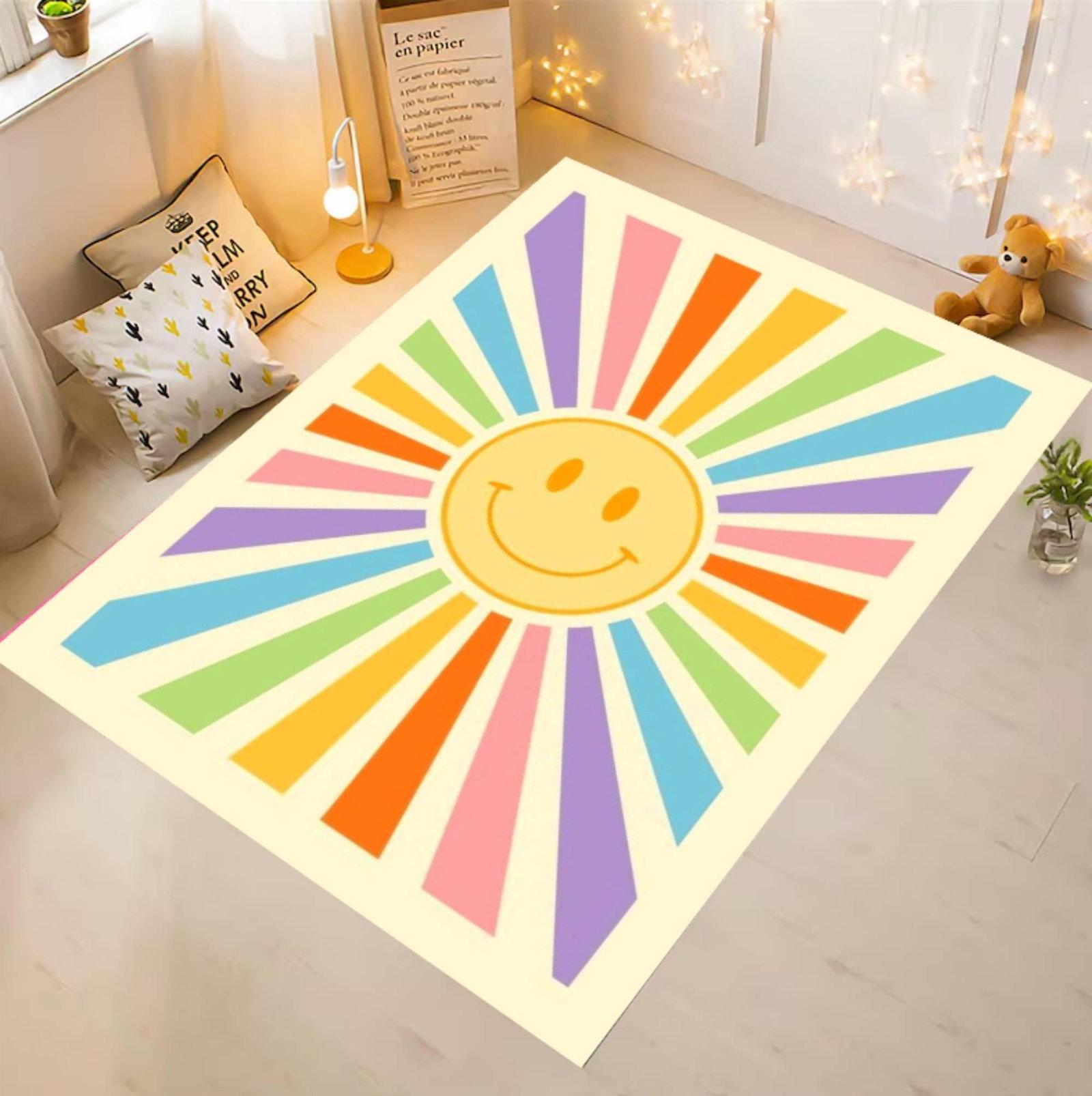 Colorful Retro Happy Face Sunburst Area RugTVC1708396