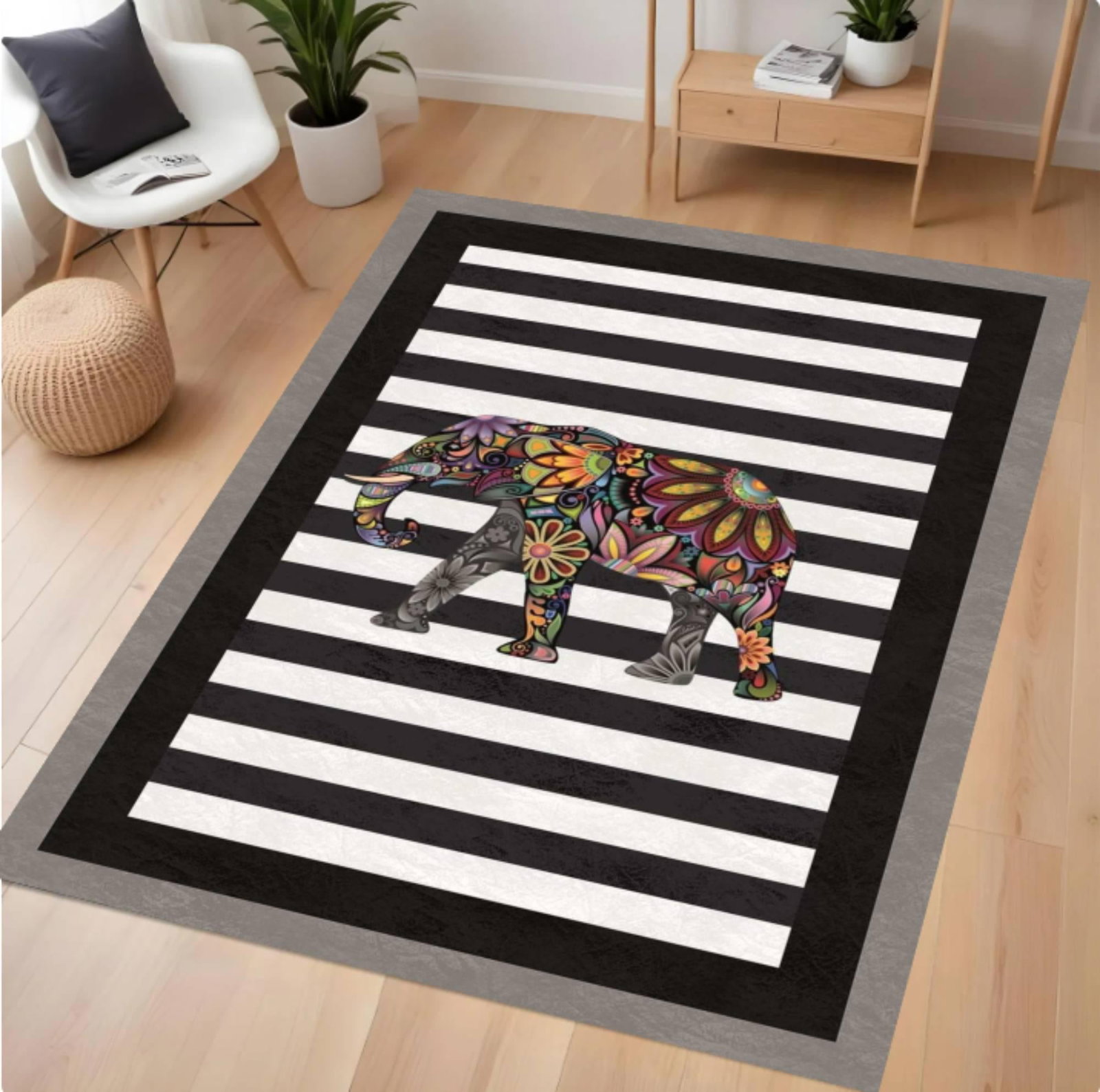 Colorful Rug Elephant Washable Non-slip Modern Rug Black White StripedTVC1708359
