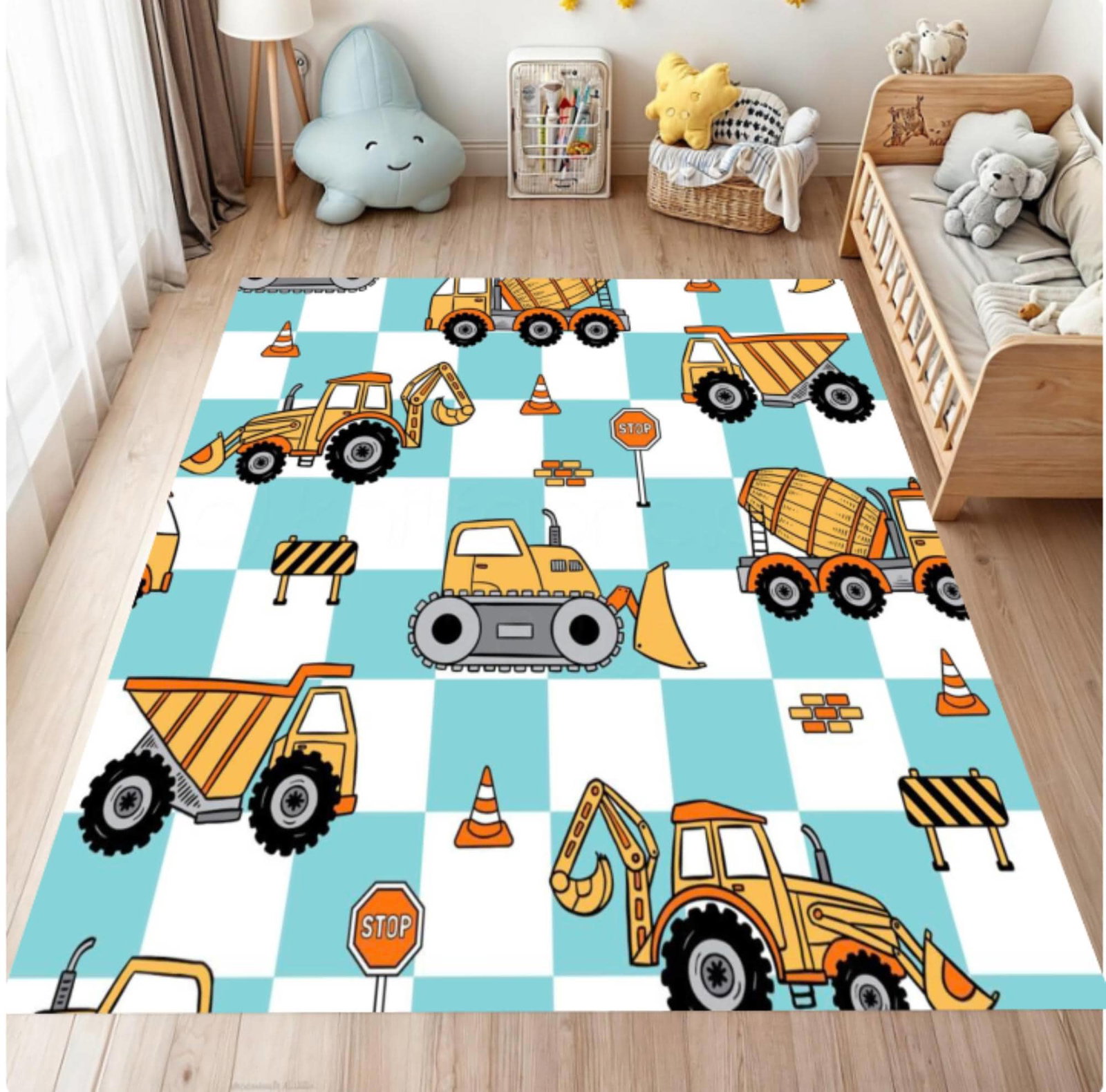 Construction Vehicles Kids Rug - Truck, Tractor & Excavator Playroom Decor RugTVC1708366