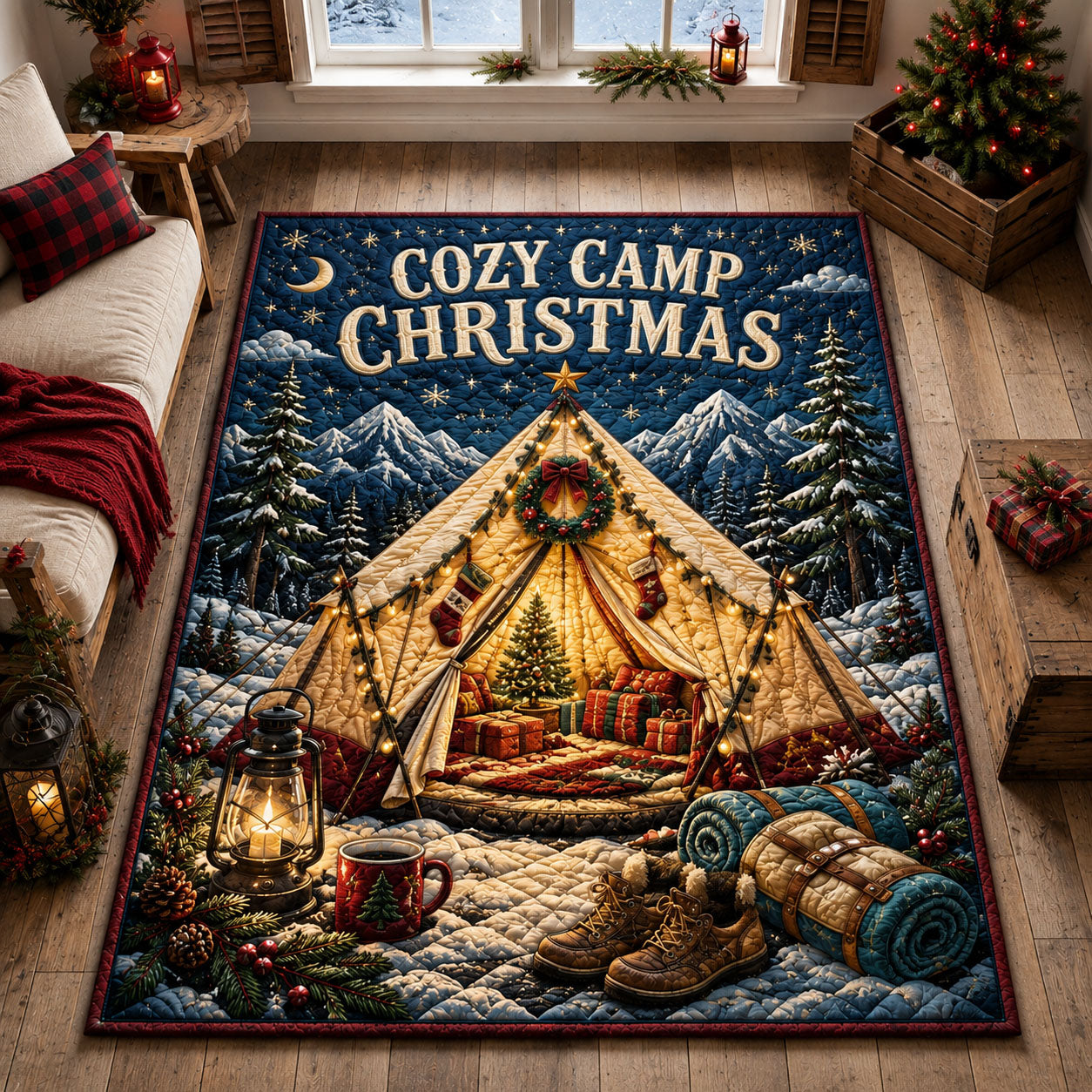 Cozy Camp Christmas Tent Area Rug - Non-Slip Washable 3D Print Rug for Living Room & BedroomTVC210865