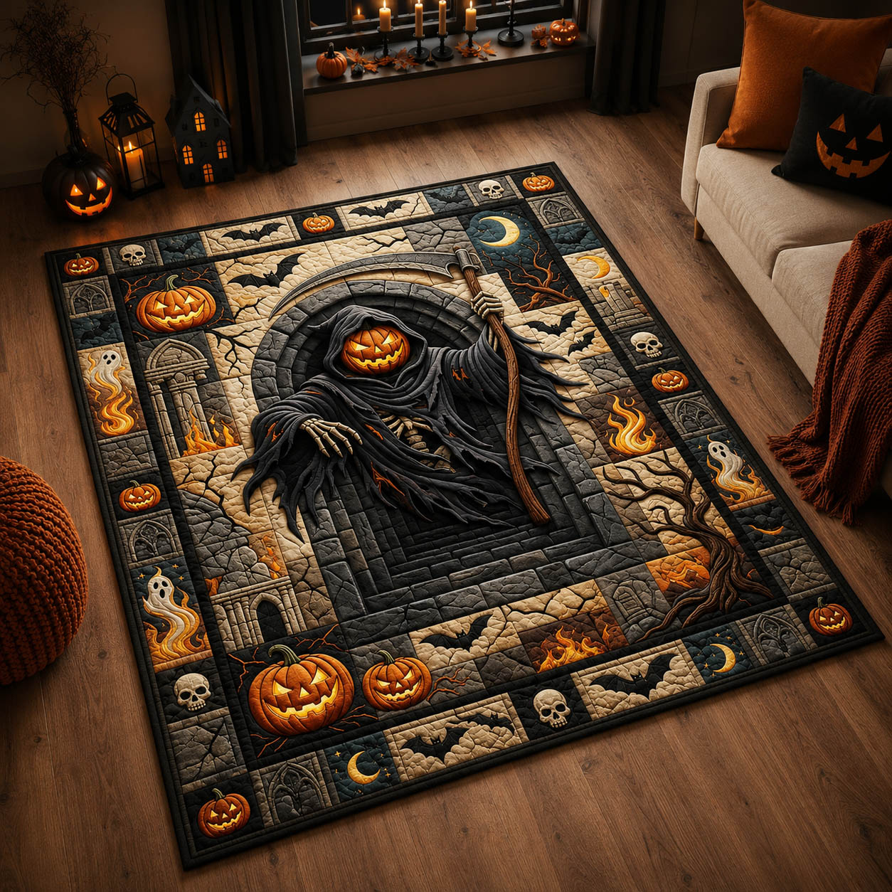 Creepy Pumpkin Ghost Halloween Area Rug - Non-Slip Washable 3D Print Rug for Living Room & Bedroom (DesignTVC2108179