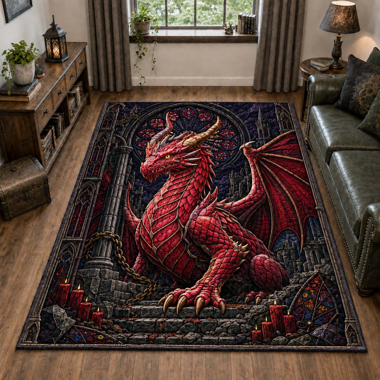 Crimson Castle Dragon Area Rug - Non-Slip Washable 3D Print Rug for Living Room & BedroomTVC210869