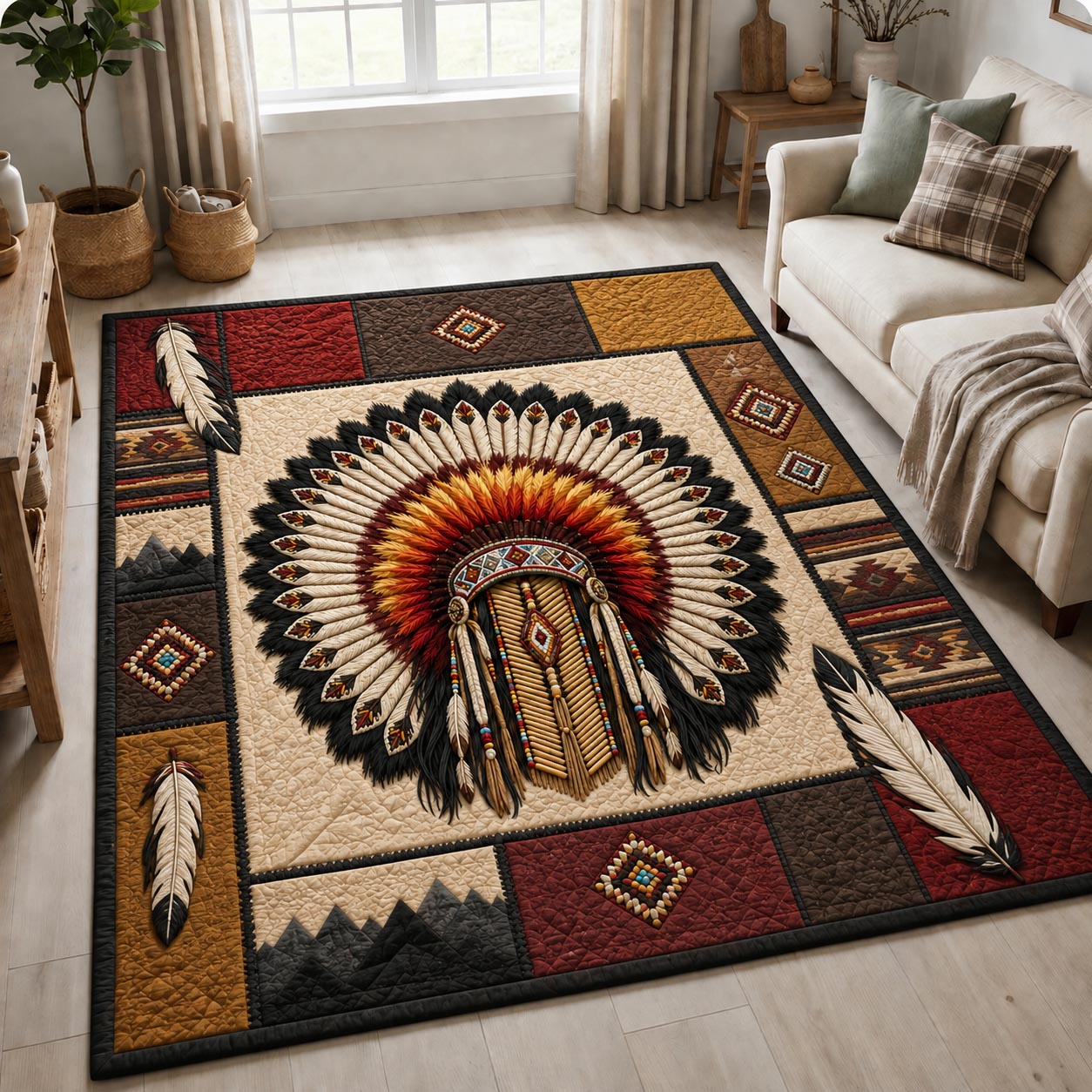 Crimson Feather War Bonnet Area Rug - Non-Slip Washable 3D Print Rug for Living Room & BedroomTVC210858
