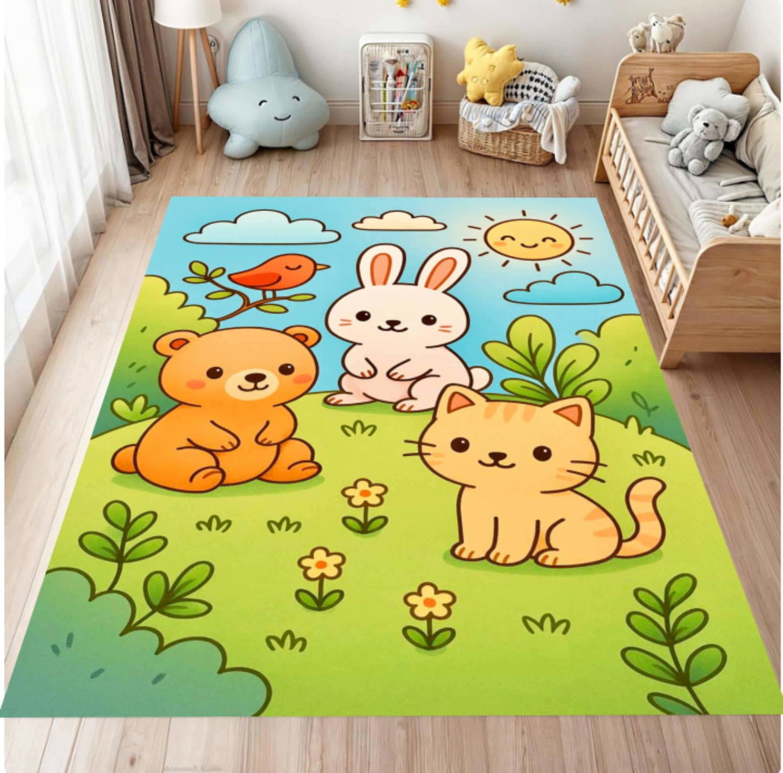 Cute Animals Rug Playroom Nursery Design Bear Rabbit Washable RugTVC1708366