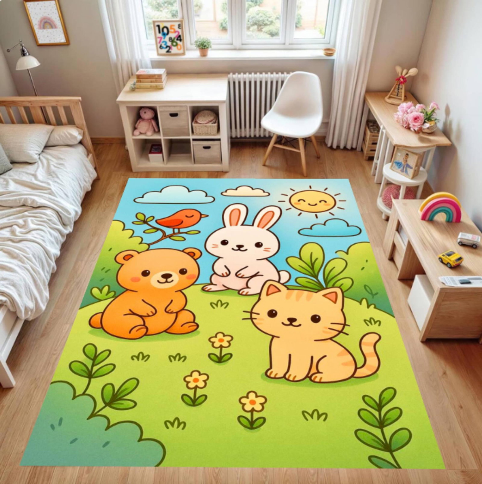Cute Bear, Rabbit & Cat Kids Rug - Kids Room RugsTVC1708389