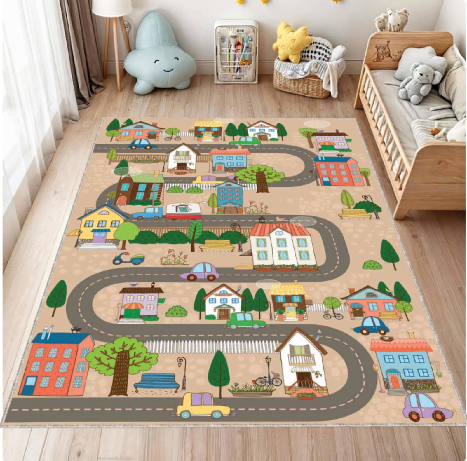 Cute Houses City Road Kids Rug | Washable Playroom CarpetTVC1708358