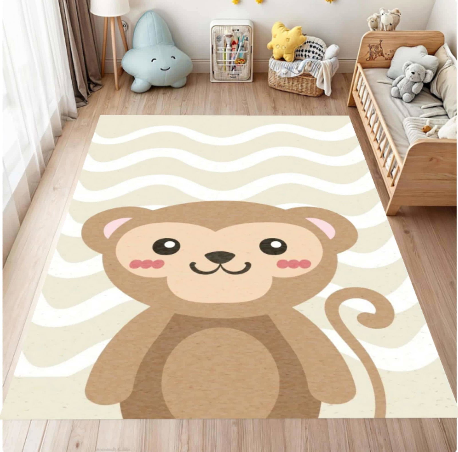 Cute Monkey Kids Rug - Washable Baby Blanket & Non-Slip Neutral Playroom RugTVC1708359