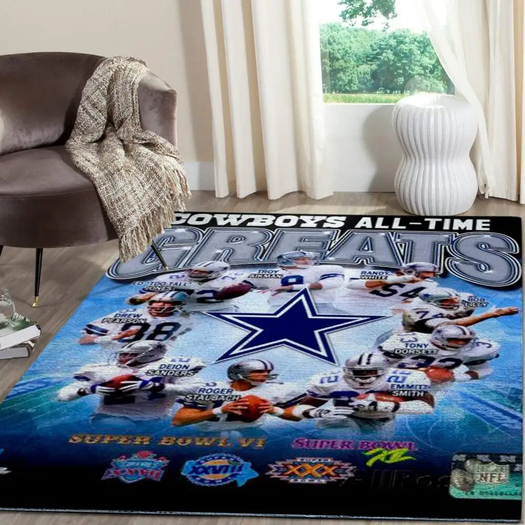 Dallas Cowboys Rug - with Legendary Players Design Blue and White