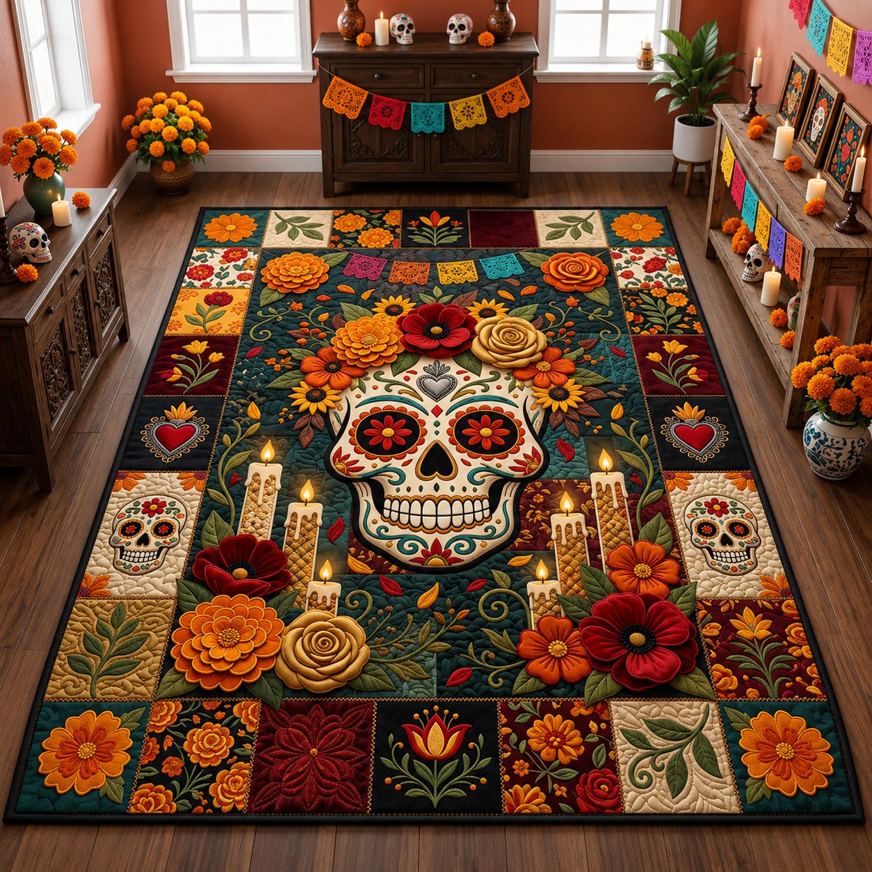 Day Of The Dead Floral Sugar Skull Area Rug - Non-Slip Washable 3D Print Rug for Living Room & Bedroom (DesignTVC2108205