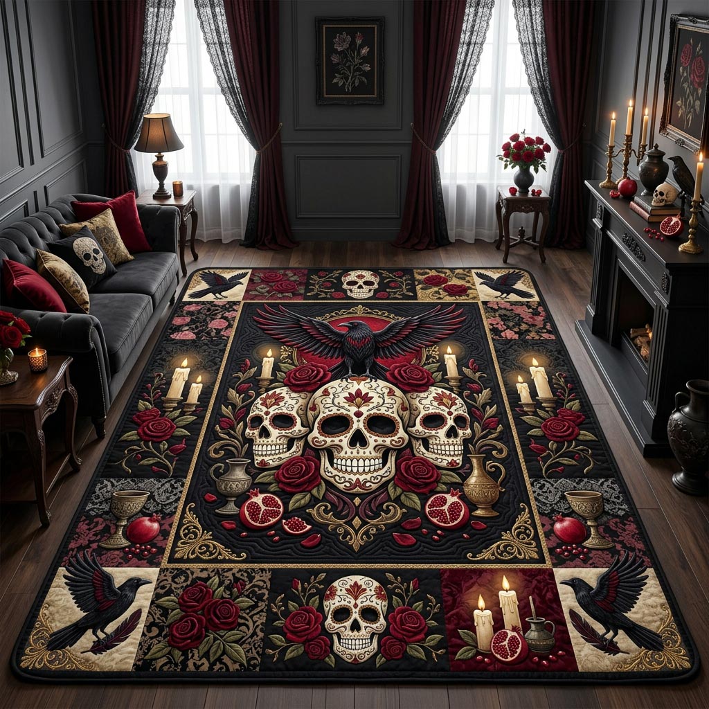 Day Of The Dead Floral Sugar Skull Area Rug - Non-Slip Washable 3D Print Rug for Living Room & Bedroom (DesignTVC2108206