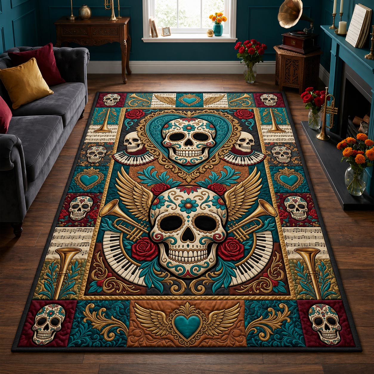 Day Of The Dead Floral Sugar Skull Area Rug - Non-Slip Washable 3D Print Rug for Living Room & BedroomTVC2108164