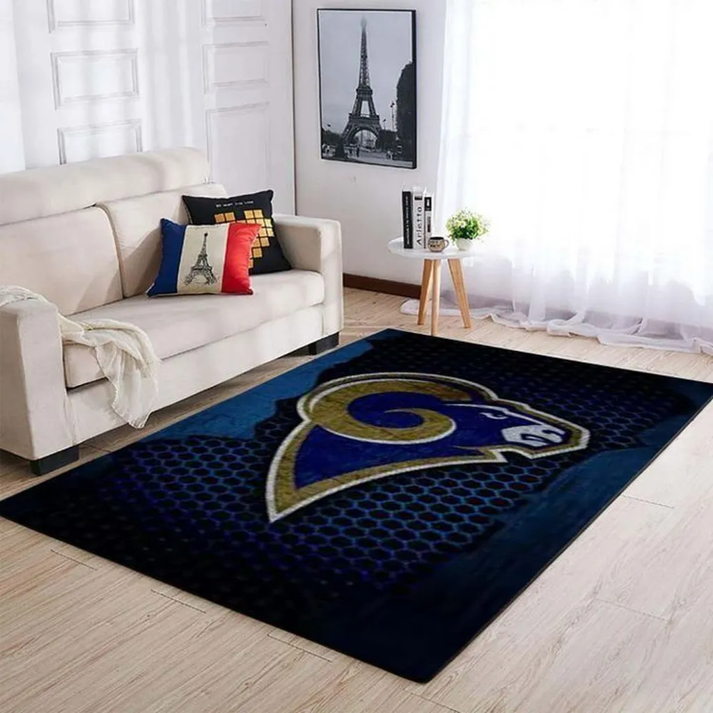 Decorative Living Room Rug Featuring Bold Ram Logo Blue and Gold