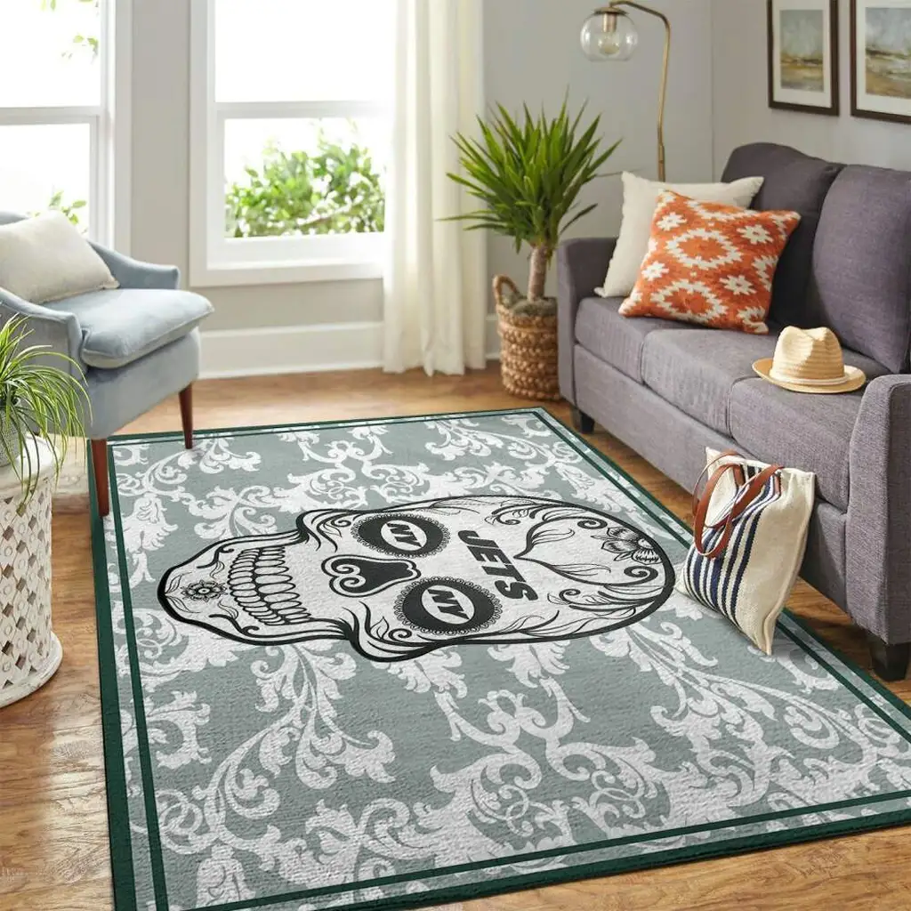 Decorative Rug with Sugar Skull Design for Living Room Green and White