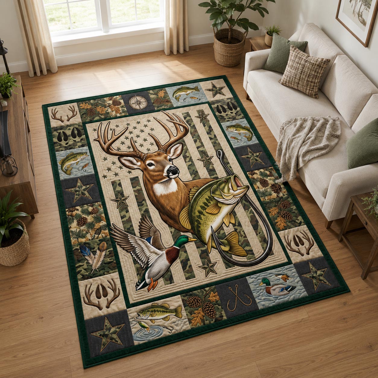 Deer Bass Mallard Flag Area Rug - Non-Slip Washable 3D Print Rug for Living Room & BedroomTVC210863