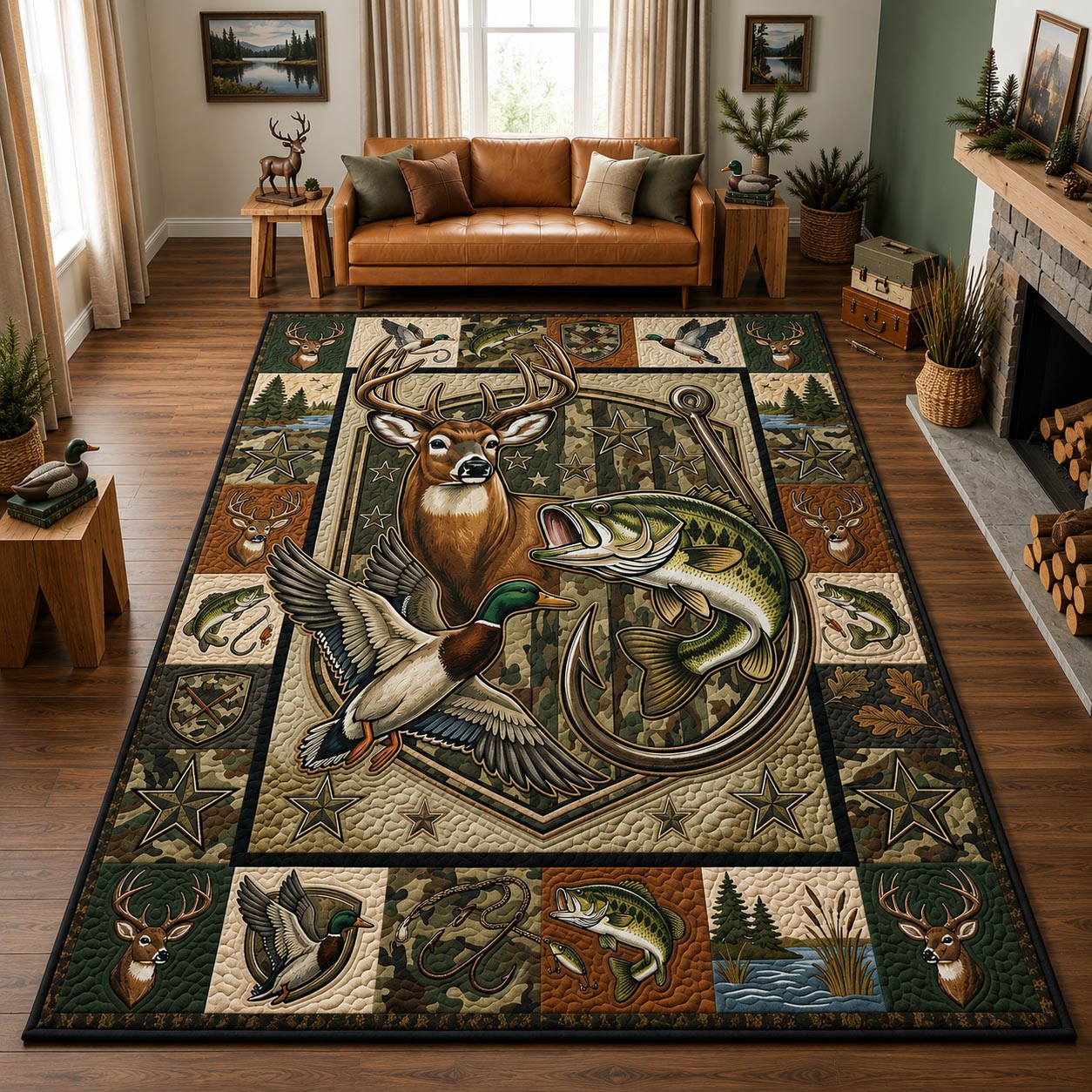 Deer Duck Fish Patchwork Area Rug - Non-Slip Washable 3D Print Rug for Living Room & BedroomTVC210863