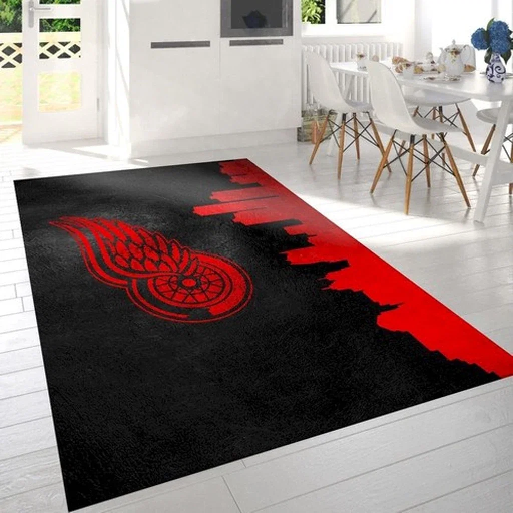 Detroit Wings Modern City Skyline Area Rug Black and Red