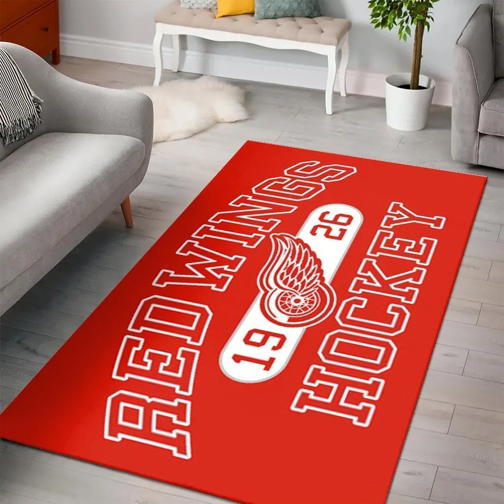 Detroit Wings Rug - Area for Hockey Fans Sports Room Decor Red and White