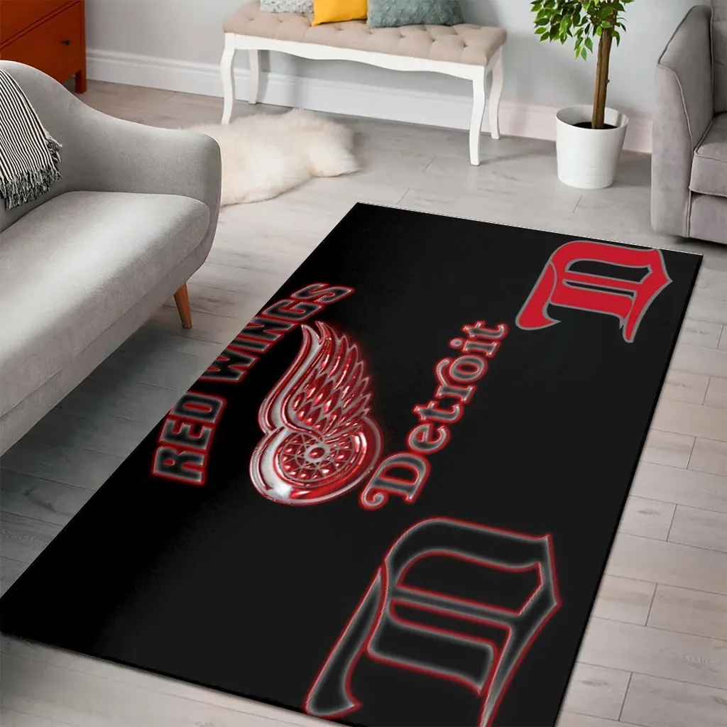 Detroit Wings Rug - for Sports Fan Room Decor Black and Red