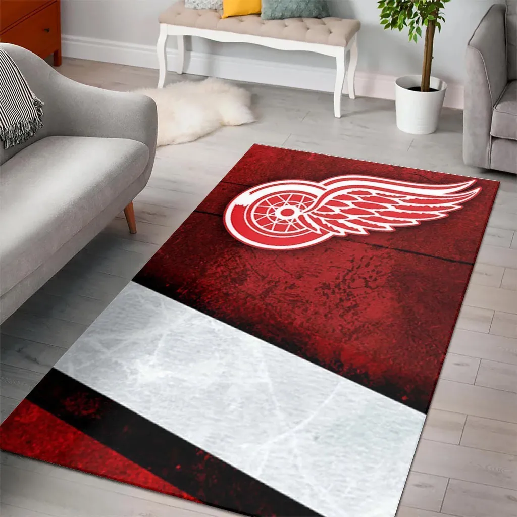 Detroit Wings Rug - Hockey Area for Living Room Decor Red and White