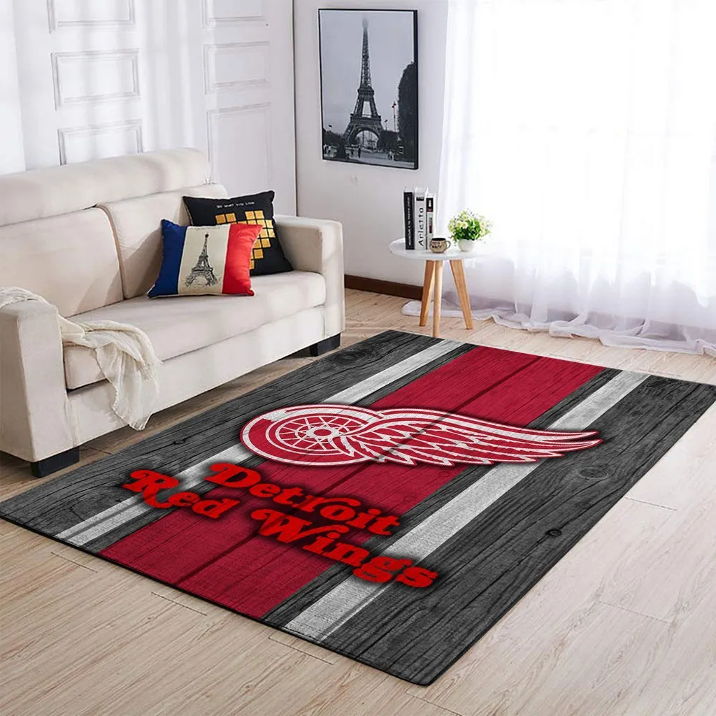 Detroit Wings Rug - Hockey Wood Style Design Black and Red