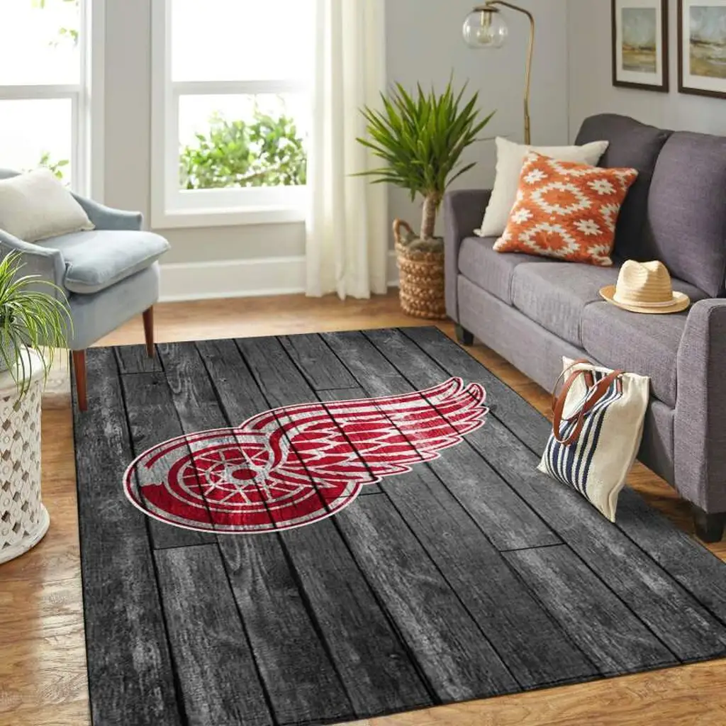 Detroit Wings Rug - Logo Area for Living Room Black and Red