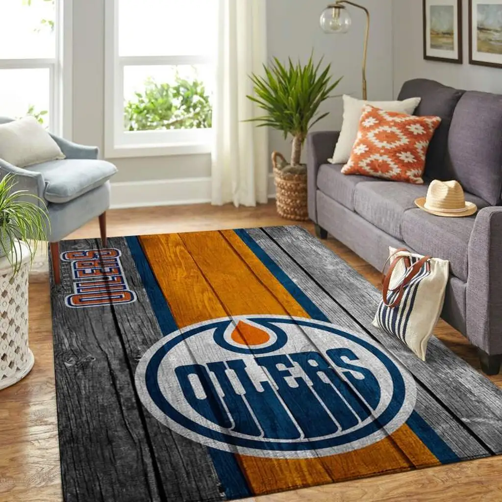 Edmonton Oilers Rug - Area Wood Plank Floor Decor Blue and Orange