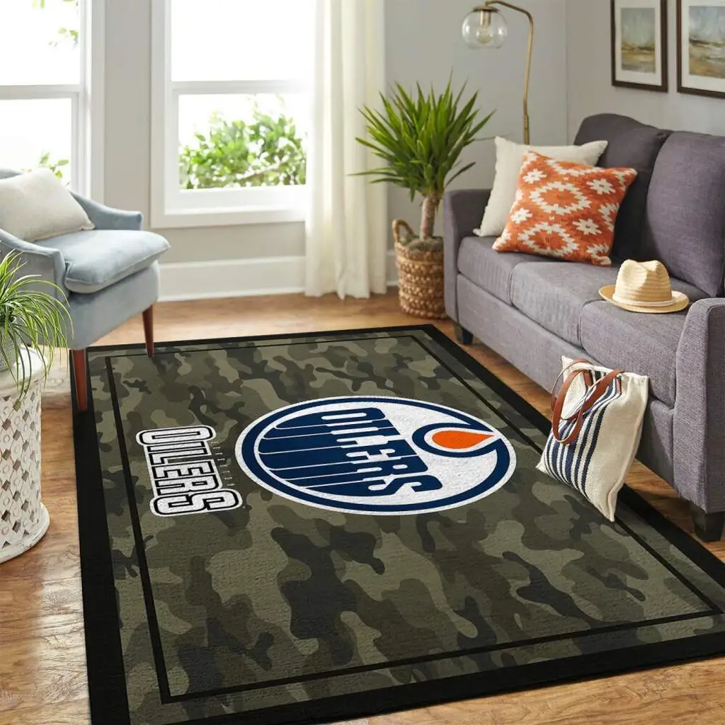Edmonton Oilers Rug - Camouflage Area with Logo Design Black and Green